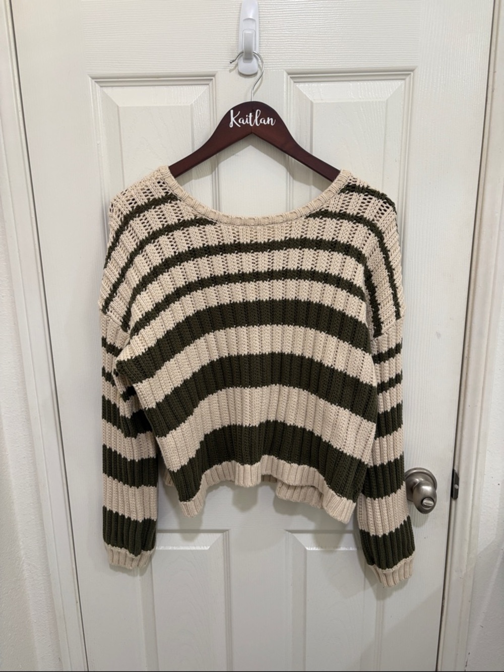 Splendid Cream and Olive Green Striped Crewneck Sweater